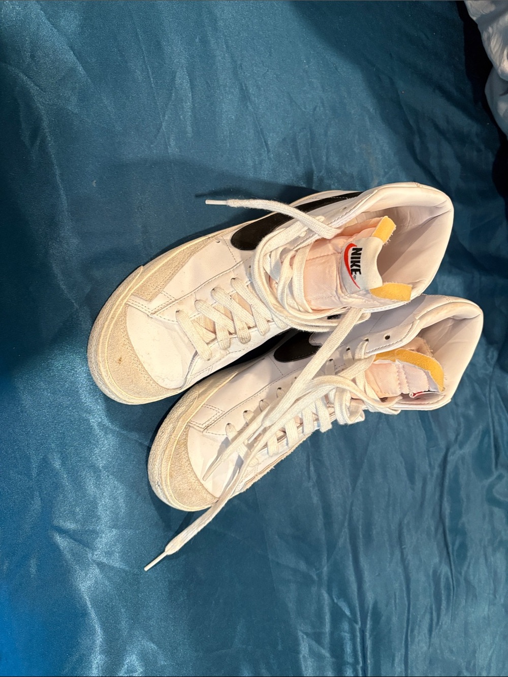 Nike Kids White High-Top Sneakers with Black Swoosh and Yellow Tongue